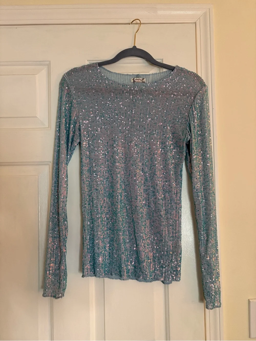Free People Sequin Ribbed Long Sleeve Top in Light Blue